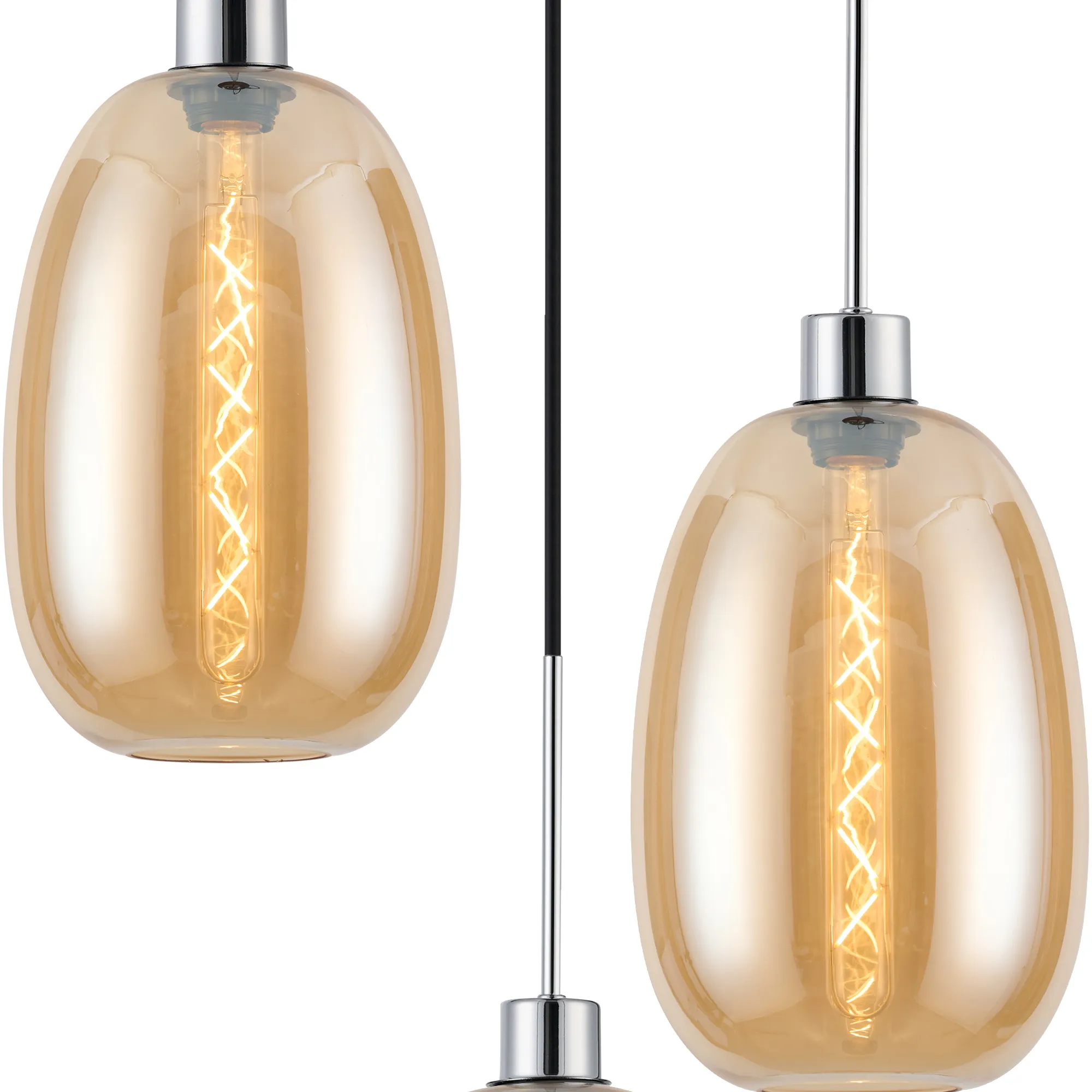 Lori 40cm Round Pendant, 3 Light Adjustable E27, Polished Chrome/Amber Slim Curved Trapezium Shades DK1267  Deco Lori Polished Chrome